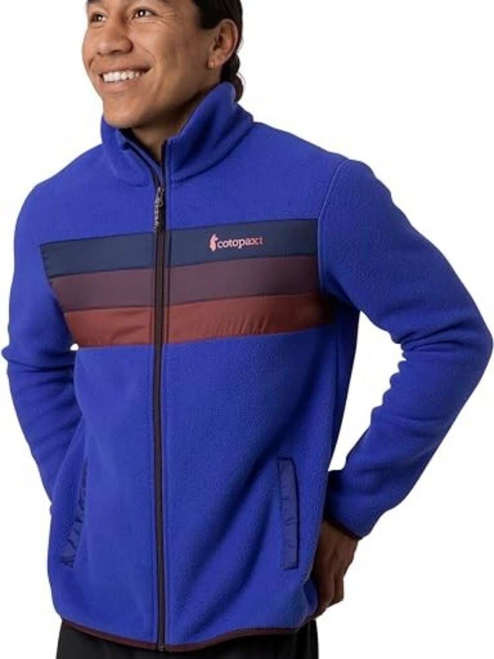 Cotopaxi Tecca Fleece jacket with navy and brown accents